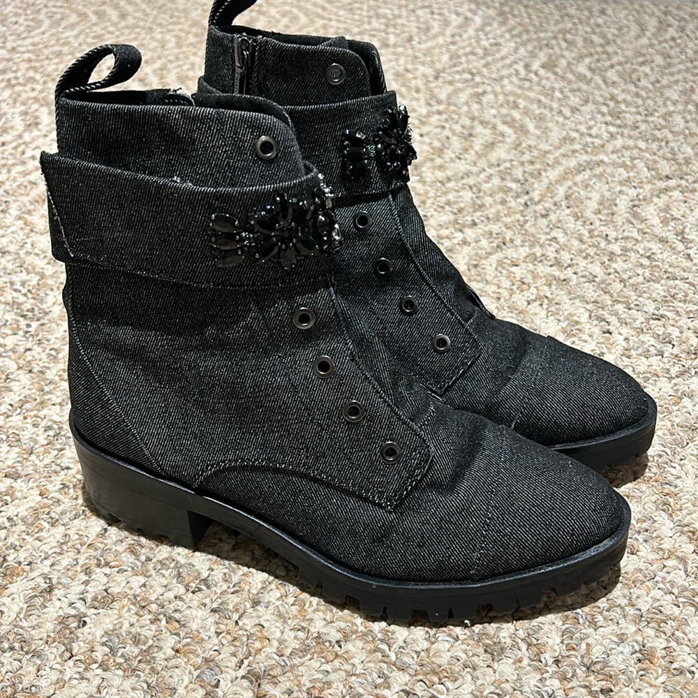 Karl Lagerfeld Lug Sole Black Denim Combat Boots sz 9.5